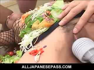 Jap AV doll turned into an edible table for concupiscent adolescents